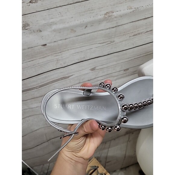 Stuart Weitzman Gray Rubber Silver Tone Studded Accent T Strap Women's Size 8 - Picture 4 of 6